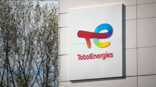 A photograph shows the logo of TotalEnergies at the Total Energy refinery site, in Gonfreville-l'Orcher, near Le Havre, northwestern France, on October 5, 2022. (Photo by Lou BENOIST / AFP)