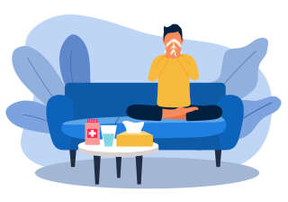 Flu or cold concept vector illustration. Sick man sitting on sofa and sneeze in handkerchief. Season allergy.