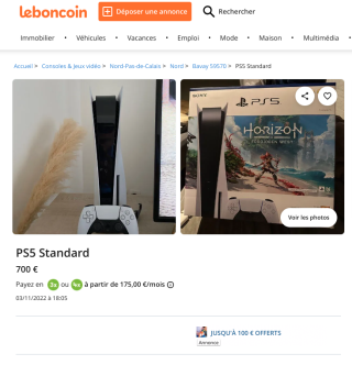 Ein Beispiel für ein PS5-Modell zahlt sich für 700 Euro auf der Ankündigungsseite von LeBonCoin aus.