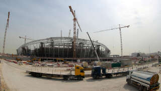 Le chantier de construction du stade Al-Wakrah (stade Al-Janoub),le 6 février 2018, un site de la Coupe du monde conçu à environ 15 kilomètres de la capitale qatarie Doha.