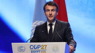 SHARM EL SHEIKH, EGYPT - NOVEMBER 07: French President Emmanuel Macron speaks during the Sharm El-Sheikh Climate Implementation Summit (SCIS) of the UNFCCC COP27 climate conference on November 07, 2022 in Sharm El Sheikh, Egypt. The conference is bringing together political leaders and representatives from 190 countries to discuss climate-related topics including climate change adaptation, climate finance, decarbonisation, agriculture and biodiversity. The conference is running from November 6-18. (Photo by Sean Gallup/Getty Images)