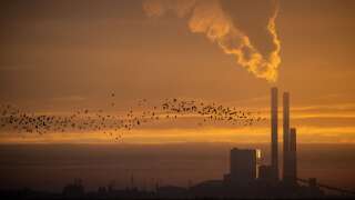 This picture taken on January 11, 2022 shows birds flying as the sun rises over coal-fired powerplant of French multinational electric utility company EDF in Cordemais Lavau-sur-Loire, western France. (Photo by LOIC VENANCE / AFP)
