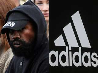 (COMBO) This combination of pictures created on October 25, 2022 shows US rapper Kanye West attending the Givenchy Spring-Summer 2023 fashion show in Paris, on October 2, 2022 and the corporate logo of German sports equipment maker Adidas in Munich, southern Germany, on March 10, 2021. - German sportswear giant Adidas said October 25, 2022 it was ending its partnership with Kanye West after a series of anti-Semitic outbursts by the controversial rapper. (Photo by JULIEN DE ROSA and CHRISTOF STACHE / AFP)
