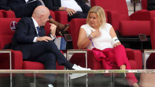 DOHA, QATAR - NOVEMBER 23: FIFA Präsident Gianni Infantino with Nancy Faeser with one Love bind  during the FIFA World Cup Qatar 2022 Group E match between Germany and Japan at Khalifa International Stadium on November 23, 2022 in Doha, Qatar. (Photo by Stefan Matzke - sampics/Corbis via Getty Images)