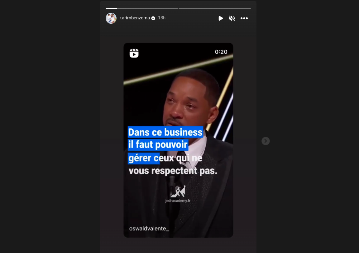 Une capture d’écran de la vidéo partagée par Karim Benzema sur sa page Instagram, quelques heures avant sa publication énigmatique.