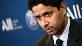 Paris Saint-Germain's Qatari president Nasser Al-Khelaifi answers to the press during a press conference to annonce new shirt sponsorship deal with the French multinational Accor at the Parc des Princes stadium in Paris on February 22, 2019. - PSG will wear on their shirts the logo of ALL, the loyalty program of Accor, one of the largest hotel chains in the world and whose headquarters are located just outside Paris. (Photo by FRANCK FIFE / AFP)        (Photo credit should read FRANCK FIFE/AFP via Getty Images)