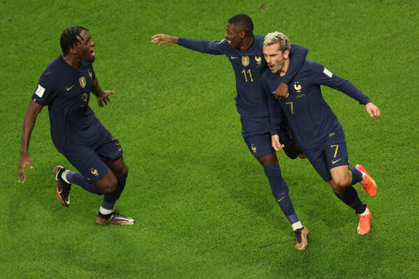 France's forward #07 Antoine Griezmann celebrates after scoring his team's first goal which was later disallowed after a VAR review for off-side during the Qatar 2022 World Cup Group D football match between Tunisia and France at the Education City Stadium in Al-Rayyan, west of Doha on November 30, 2022. (Photo by Adrian DENNIS / AFP)