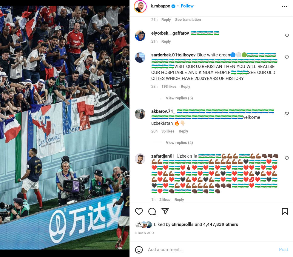 Dans les commentaires sous la photo de Kylian Mbappé, les drapeaux de l’Ouzbékistan sont devenus légion, en raison de la présence de ce drapeau sur le cliché partagé par l’attaquant français.