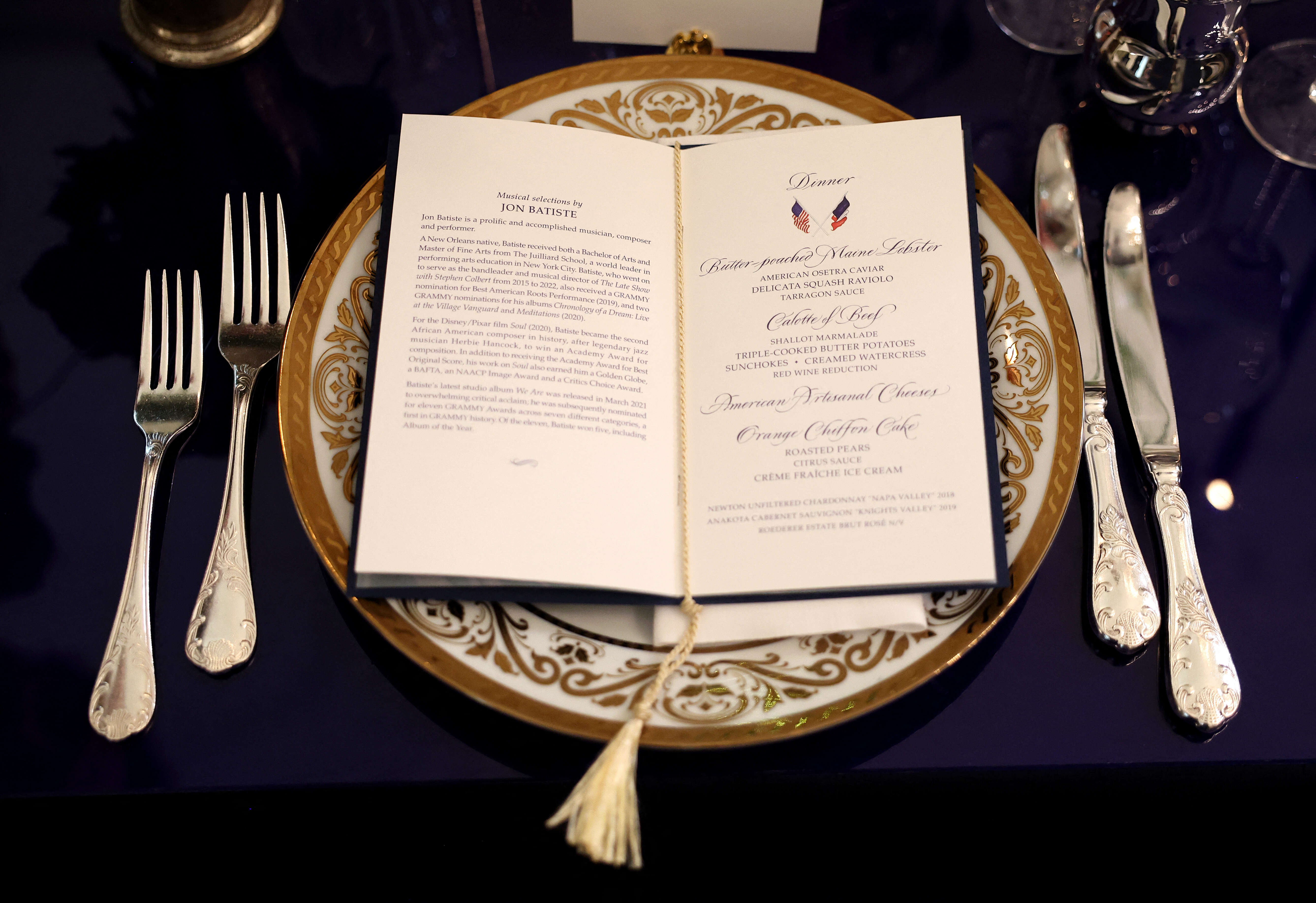 Un aperçu du menu qui sera servi à Emmanuel Macron et Brigitte Macron lors de leur venue à la Maison Blanche jeudi 1er décembre.