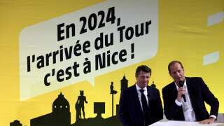 Tour de France general director Christian Prudhomme (R) and Mayor of Nice Christian Estrosi (L) attend the announcement that Nice will host the final stage of the 2024 Tour de France, on the french riviera city of Nice, on December 1, 2022. - For the first time since 1905, the Tour de France will not have its usual finish in Paris in 2024, closing instead with a time trial in Nice, organisers announced on December 1, 2022. Although the race has been brought forward one week so as not to clash directly with the Olympic Games, which is being hosted in 2024 by Paris, it will still finish on July 21, just five days before the opening ceremony. (Photo by Valery HACHE / AFP)