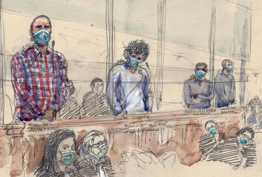 A courtroom sketch made on December 17, 2020, shows the defendants (LtoR) Ayoub El Khazzani, Bilal Chatra, Redouane El Amrani Ezzerrifi and Mohamed Bakkali after the verdict at the Paris Courthouse in Paris during the trial of a foiled terror attack on an Amsterdam-Paris Thalys train in August 2015. - The French court jailed for life a Moroccan man who planned a terror attack on a Paris-bound international train in 2015, only to be thwarted by passengers including off-duty US soldiers. It convicted Ayoub El Khazzani, now 31, over the August  2015 plot on the Amsterdam-Paris high-speed Thalys train and also issued sentences of between seven to 27 years to three accomplices. (Photo by Benoit PEYRUCQ / AFP)