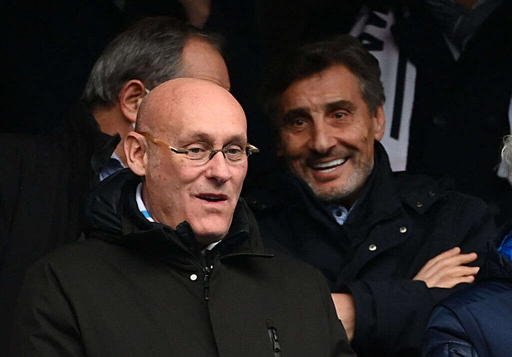 French Rugby Federation (FFR) president Bernard Laporte (L) and French businessman and Montpellier's rugby club president Mohed Altrad (R) attend the Six Nations rugby union international match between France and Italy at the Stade de France, in Saint-Denis, north of Paris, on February 6, 2022. (Photo by FRANCK FIFE / AFP) (Photo by FRANCK FIFE/AFP via Getty Images)
