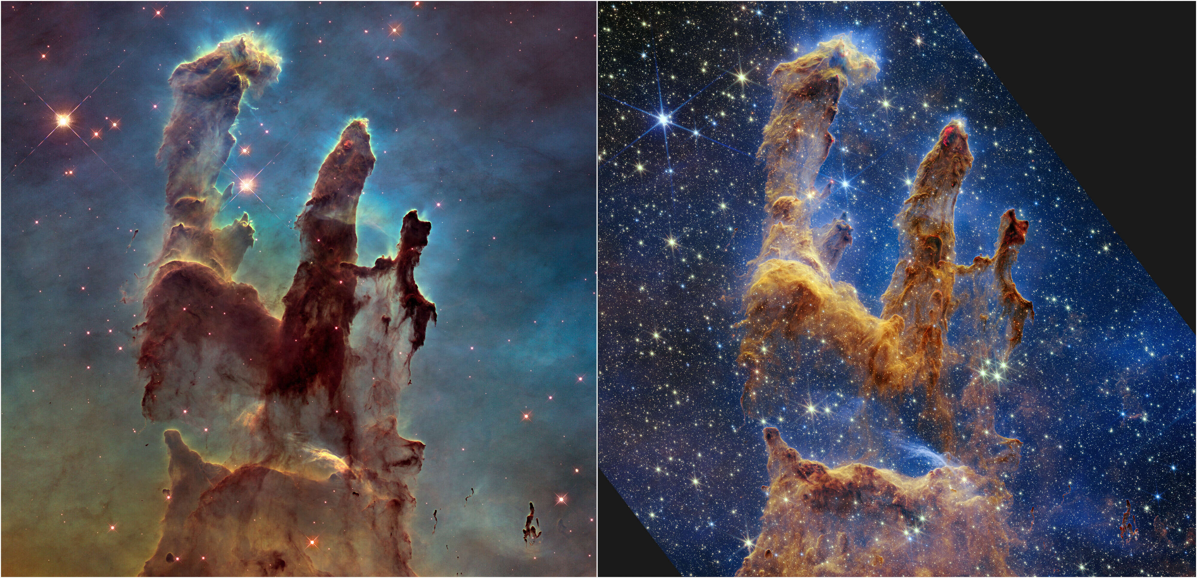 Le télescope spatial Hubble de la NASA/ESA a rendu les piliers de la création célèbres avec sa première image en 1995, mais a revisité la scène en 2014 pour révéler une vue plus nette et plus large en lumière visible, illustrée ci-dessus à gauche.