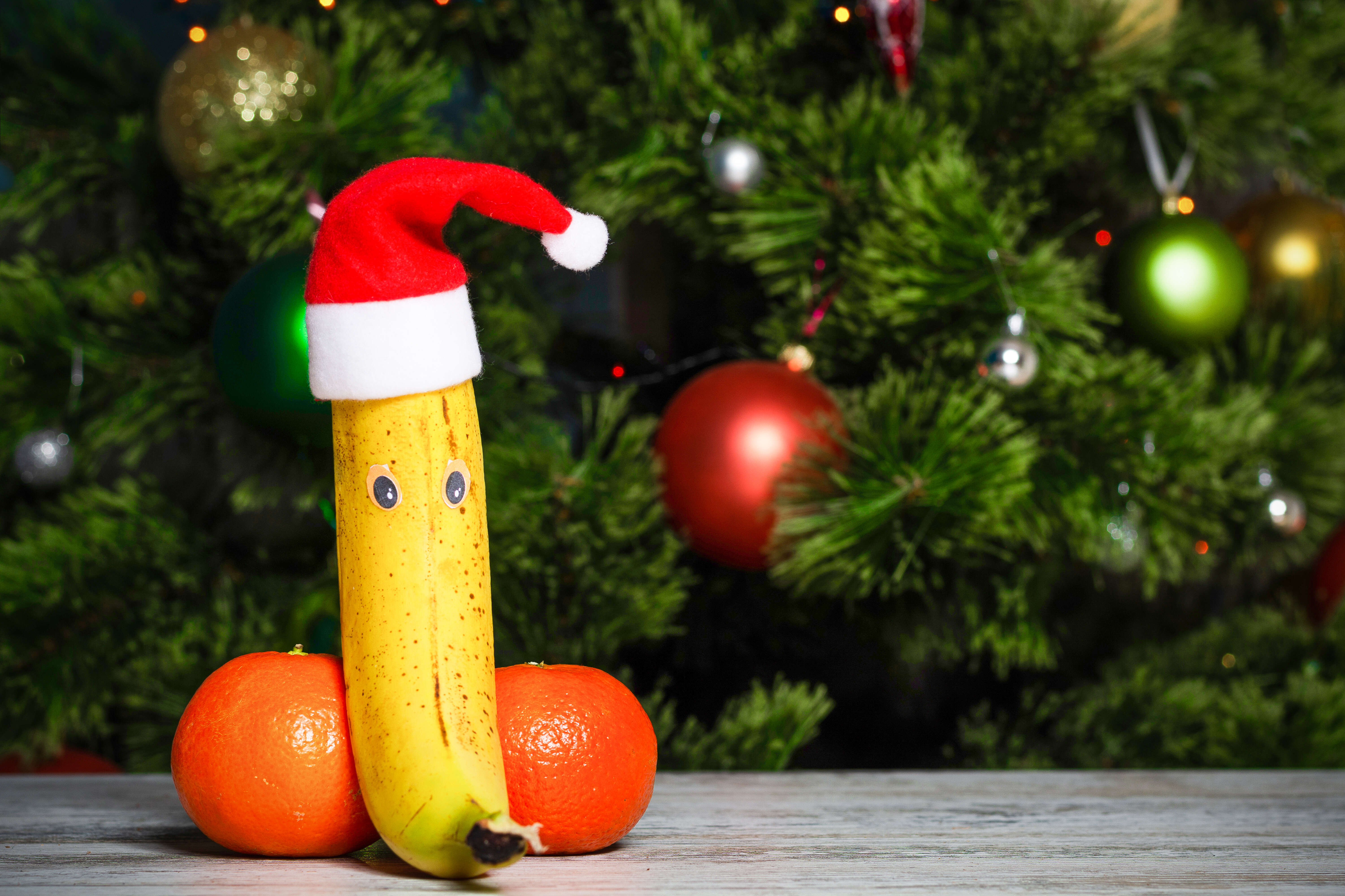 A banana in a Christmas hat and two tangerines with eyes with a Christmas tree in the background. Front view, place for text, copy space.