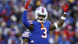 (FILES) In this file photo taken on November 13, 2022 Damar Hamlin #3 of the Buffalo Bills gestures towards the crowd during the third quarter against the Minnesota Vikings at Highmark Stadium in Orchard Park, New York. - TBuffalo Bills safety Damar Hamlin is in 