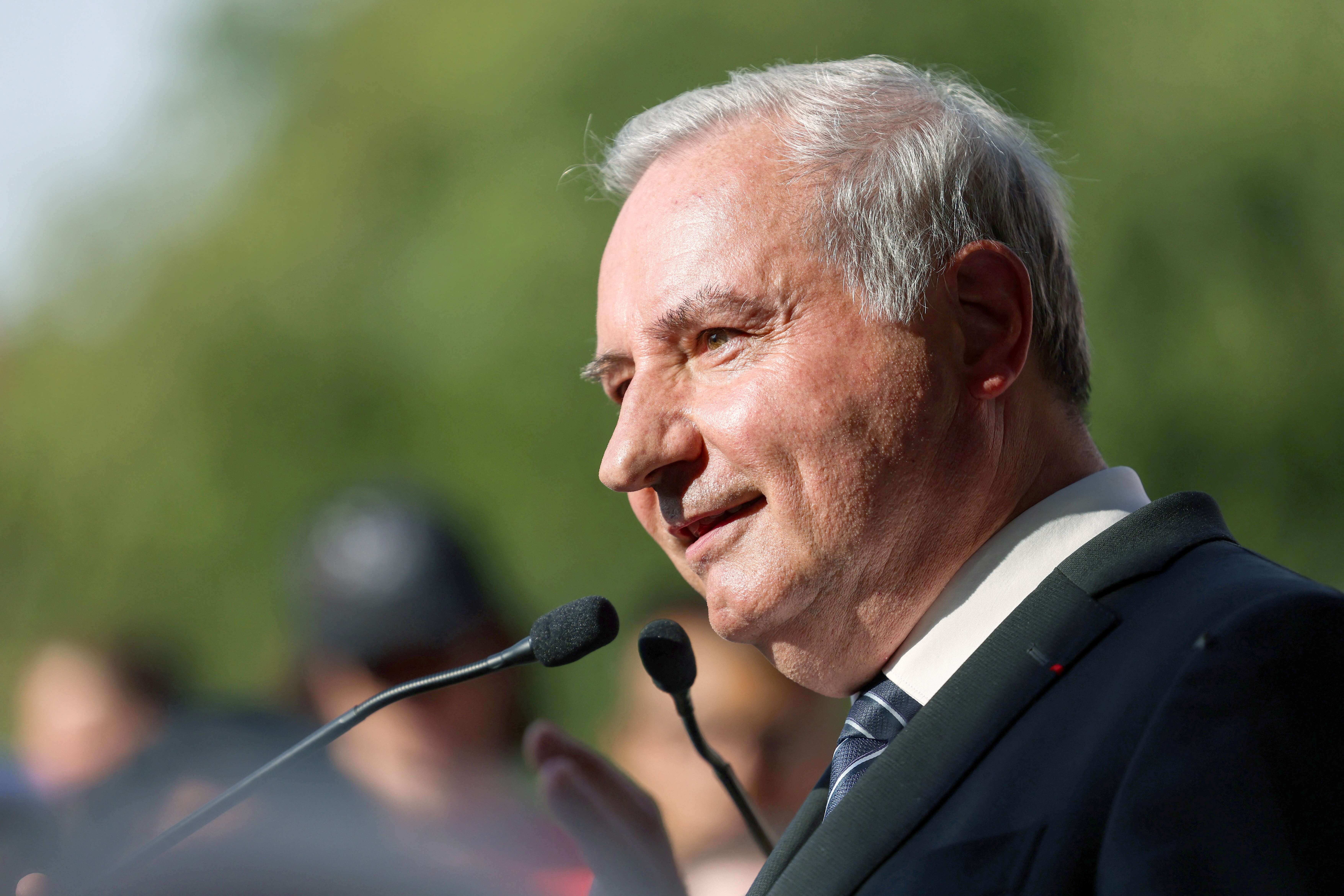 Mayor of Toulouse Jean-Luc Moudenc delivers a speech during the inauguration of the Jules Geraud Saliege school in Toulouse, southern France, on September 1, 2022. (Photo by Charly TRIBALLEAU / AFP)