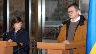 Dmytro Kuleba, ministre ukrainien des Affaires étrangères et son homologue française Catherine Colonna, lors d’une conférence de presse commune à Odessa, jeudi 26 janvier.