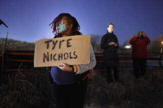 MEMPHIS, TENNESSEE - JANUARY 27: Demonstrators protest the death of Tyre Nichols on January 27, 2023 in Memphis, Tennessee. The release of a video depicting the fatal beating of Nichols, a 29-year-old Black man, sparked protests in cities throughout the country. Nichols was violently beaten for three minutes and killed by Memphis police officers earlier this month after a traffic stop. Five Black Memphis Police officers have been fired after an internal investigation found them to be “directly responsible” for the beating and have been charged with “second-degree murder, aggravated assault, two charges of aggravated kidnapping, two charges of official misconduct and one charge of official oppression.”   Scott Olson/Getty Images/AFP (Photo by SCOTT OLSON / GETTY IMAGES NORTH AMERICA / Getty Images via AFP)