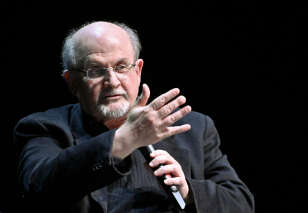 British author Salman Rushdie speaks as he presents his book 