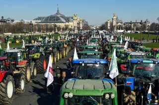 Farmers stands next to tractors at the Esplanades des Invalides during a demonstration organised by unions including FNSEA (National Federation of Farmers Union), against 