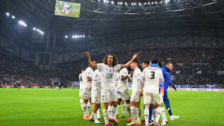 Marseille's players celebrates scoring his team's second goal during the French Cup round of 16 football match between Olympique Marseille (OM) and Paris Saint-Germain (PSG) at Stade Velodrome in Marseille, southern France on February 8, 2023. (Photo by NICOLAS TUCAT / AFP)