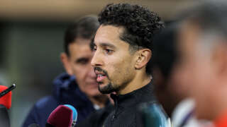 Paris Saint-Germain's Brazilian defender and captain Marquinhos speaks to reporters after a team training session at Khalifa International Stadium in Doha on January 18, 2023. (Photo by Mahmoud HEFNAWY / AFP)