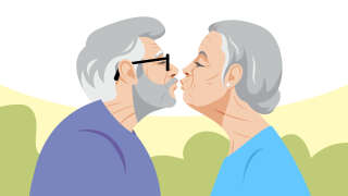Elderly couple kissing. I love you. Couple in love. Close-up faces of two lovers who are over 50 years old. Silhouette of lovers. The concept of Love and health in mature age. Valentine's Day.