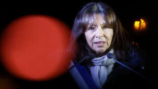 Paris Mayor Anne Hidalgo delivers a speech on the Trocadero Esplanade during an event to display the slogan 