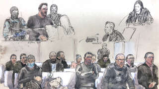 (FILES) In this file photo taken on January 17, 2023 This court-sketch made on January 17, 2023, shows co-defendants, Barjols founder and conspiracy theory enthusiast Denis Collinet (C, down), far-right militant Jean-Pierre Bouyer (3R) and Mickael Iber (top L), who is currently incarcerated, on the first day of the trial of 13 people with links to French far-right group Barjols, accused of plotting to assassinate President Emmanuel Macron and commit a string of other attacks, at the 