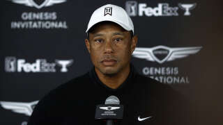 PACIFIC PALISADES, CALIFORNIA - FEBRUARY 17: Tiger Woods of the United States speaks during a press conference during the second round of the The Genesis Invitational at Riviera Country Club on February 17, 2023 in Pacific Palisades, California.   Cliff Hawkins/Getty Images/AFP (Photo by Cliff Hawkins / GETTY IMAGES NORTH AMERICA / Getty Images via AFP)
