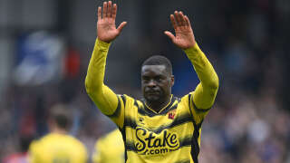 Watford's Swedish midfielder Ken Sema gestures to supporters after the English Premier League football match between Crystal Palace and Watford at Selhurst Park in south London on May 7, 2022. - Watford were relegated from the Premier League after a 1-0 defeat against Crystal Palace at Selhurst Park on Saturday. (Photo by Daniel LEAL / AFP) / RESTRICTED TO EDITORIAL USE. No use with unauthorized audio, video, data, fixture lists, club/league logos or 'live' services. Online in-match use limited to 120 images. An additional 40 images may be used in extra time. No video emulation. Social media in-match use limited to 120 images. An additional 40 images may be used in extra time. No use in betting publications, games or single club/league/player publications. /