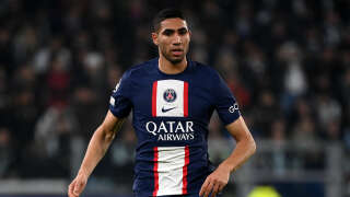 (FILES) In this file photo taken on November 2, 2022, Paris Saint-Germain's Moroccan defender Achraf Hakimi controls the ball during the UEFA Champions League 1st round day 6 group H football match between Juventus Turin and Paris Saint-Germain (PSG) at the Juventus stadium in Turin. - Paris Saint-Germain's Moroccan defender Achraf Hakimi is under investigation for rape. (Photo by FRANCK FIFE / AFP)