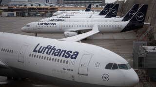 Planes of German airline Lufthansa are seen parked during a strike at Frankfurt Airport in Frankfurt am Main, western Germany, on February 17, 2023. - Tens of thousands of travellers faced flight delays and cancellations as workers at eight airports in Germany went on strike to demand better pay. (Photo by ANDRE PAIN / AFP)