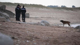 Plus de deux tonnes de cocaïne ont été retrouvés depuis dimanche 26 février sur le littoral de la Manche. (Illustration : Des gendarmes de l’unité canine « cynophile » patrouillent sur la plage de Neville sur Mer).