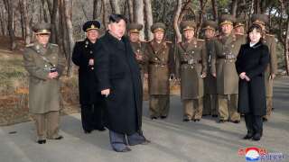 This picture taken on March 9, 2023 and released by North Korea's official Korean Central News Agency (KCNA) on March 10 shows North Korea's leader Kim Jong Un (front L) giving on-site guidance to the Mars Artillery Unit, responsible for important operational missions of the Korean People's Army Western Front, as his daughter (R) looks on, at an undisclosed location. (Photo by KCNA VIA KNS / AFP) / South Korea OUT / ---EDITORS NOTE--- RESTRICTED TO EDITORIAL USE - MANDATORY CREDIT 
