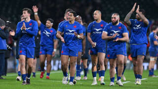 France's players celebrate on the pitch after the Six Nations international rugby union match between England and France at Twickenham Stadium, south-west London, on March 11, 2023. - France won the game 53-10. (Photo by Glyn KIRK / AFP)