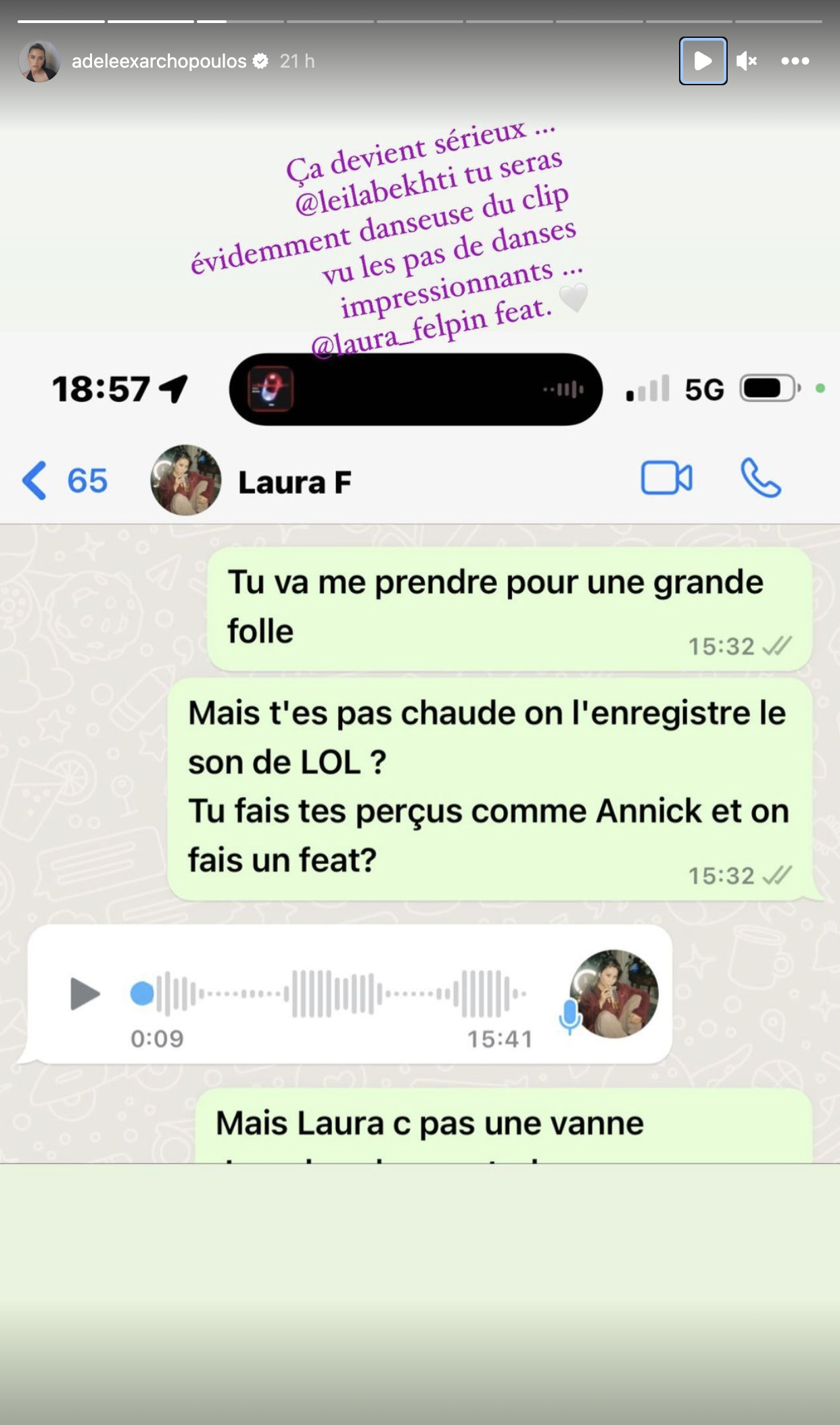 Story instagram d’Adèle Exarchopoulos sur son impro avec Laura Felpin dans la saison 3 de « Lol : qui rit, sort ».