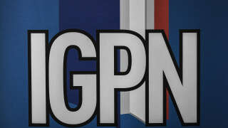 This picture taken on June 26, 2018 shows the logo of the IGPN,(National Police of General Inspectorate) at the Ministry of Interior, in Paris. - The director of the IGPN (National Police of General Inspectorate) delivered a press conference to present the results of the IGPN 2017 activities at the Ministry of Interior, On June 26, 2018, in Paris (Photo by STEPHANE DE SAKUTIN / AFP)