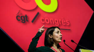 French labour union General Confederation of Labour (CGT) newly named General Secretary Sophie Binet delivers a speech on the last day of the CGT trade union's 53rd congress, at the Grande Halle d’Auvergne in Cournon d’Auvergne, central France, on March 31, 2023. - France's CGT trade union federation on Friday elected surprise candidate Sophie Binet as secretary general, making her the first woman to hold the post since the body's creation in 1895, senior members told AFP. (Photo by JEFF PACHOUD / AFP)