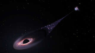 In this illustration released by NASA on April 7, 2023, an artist's impression depicts a runaway supermassive black hole that was ejected from its host galaxy as a result of a tussle between it and two other black holes. - This illustration is based on Hubble Space Telescope observations of a 200,000-light-year-long 