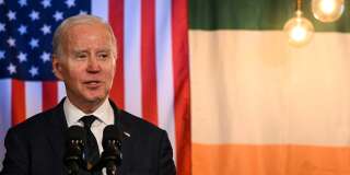 US President Joe Biden delivers a speech at the Windsor Bar in Dundalk, on April 12, 2023, as part of a four days trip to Northern Ireland and Ireland for the 25th anniversary commemorations of the 
