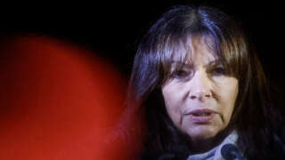 Paris Mayor Anne Hidalgo delivers a speech on the Trocadero Esplanade during an event to display the slogan 