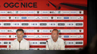 French L1 football club OGC Nice's president Jean Pierre Rivere (L) and executive director Julien Fournier (R) hold a press conference with the club's new coach French Christophe Galtier (C), in Nice on June 29, 2021. - Christophe Galtier, who led Lille to the Ligue 1 title in France in May 2021, has taken over as coach of Nice, the Riviera club's owners Ineos announced on June 28. (Photo by Valery HACHE / AFP)