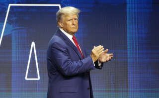 Former US President and 2024 presidential hopeful Donald Trump leaves after speaking during the 152nd National Rifle Association (NRA) annual Covention at the Indiana Convention Center in Indianapolis, Indiana, on April 14, 2023. (Photo by Alex WROBLEWSKI / AFP)