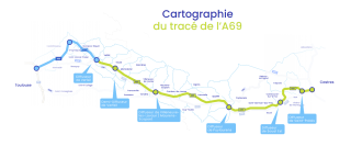 En vert, le tracé choisi pour l’A69 qui reliera Castres à Verfeil, où un raccordement est prévu pour rejoindre ensuite Toulouse.