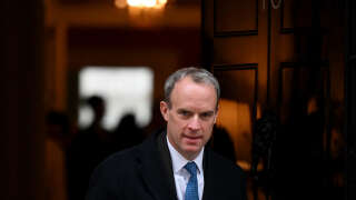 (FILES) In this file photo taken on January 31, 2023 Britain's Justice Secretary and Deputy Prime Minister Dominic Raab leaves Number 10 Downing Street after the weekly cabinet meeting in London - Raab resigned on April 21, 2023, less than 24 hours after a report was submitted into bullying allegations. Raab, who also quit as justice secretary, said in a resignation letter he felt 