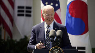 WASHINGTON, DC - APRIL 26: U.S. President Joe Biden responds to a reporter's question on the debt limit during a joint press conference with South Korean President Yoon Suk-yeol in the Rose Garden at the White House, April 26, 2023 in Washington, DC. President Biden is hosting President Yoon on his first visit to the United States as the two nations have reached a nuclear weapons agreement.   Drew Angerer/Getty Images/AFP (Photo by Drew Angerer / GETTY IMAGES NORTH AMERICA / Getty Images via AFP)