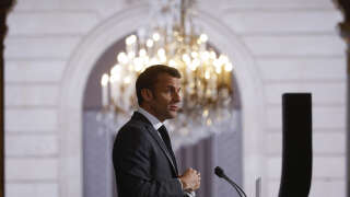 Le président français Emmanuel Macron prononce un discours lors de la Conférence Nationale du Handicap (CNH) au Palais de l’Elysée à Paris, le 26 avril 2023. (Photo Yoan VALAT / POOL / AFP)