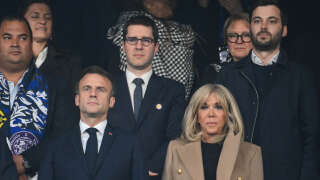 ( From L-R) French Football Federation (FFF) Interim President Philippe Diallo French President Emmanuel Macron and France's first lady Brigitte Macron during the French Cup final football match between Nantes (FC) and Toulouse (FC) at the Stade de France, in Saint-Denis, on the outskirts of Paris, on April 29, 2023. (Photo by FRANCK FIFE / AFP)