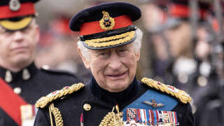 Britain's King Charles III inspects graduating officer cadets march during the 200th Sovereign's Parade at the Royal Military Academy, Sandhurst, southwest of London on April 14, 2023. (Photo by Dan Kitwood / POOL / AFP)